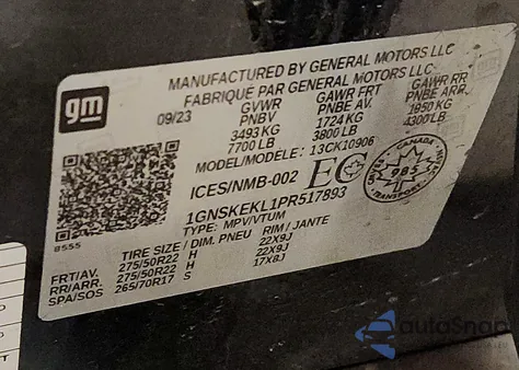 2023 Chevrolet Suburban K1500 Rst z USA, uszkodzony, nr VIN 1GNSKEKL1PR517893